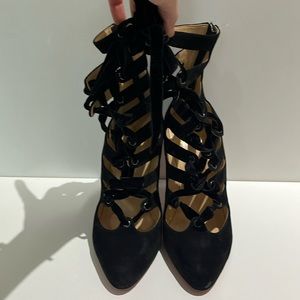 Sexy high top heels, black Swede, velvet laces. Gently used, perfect condition.